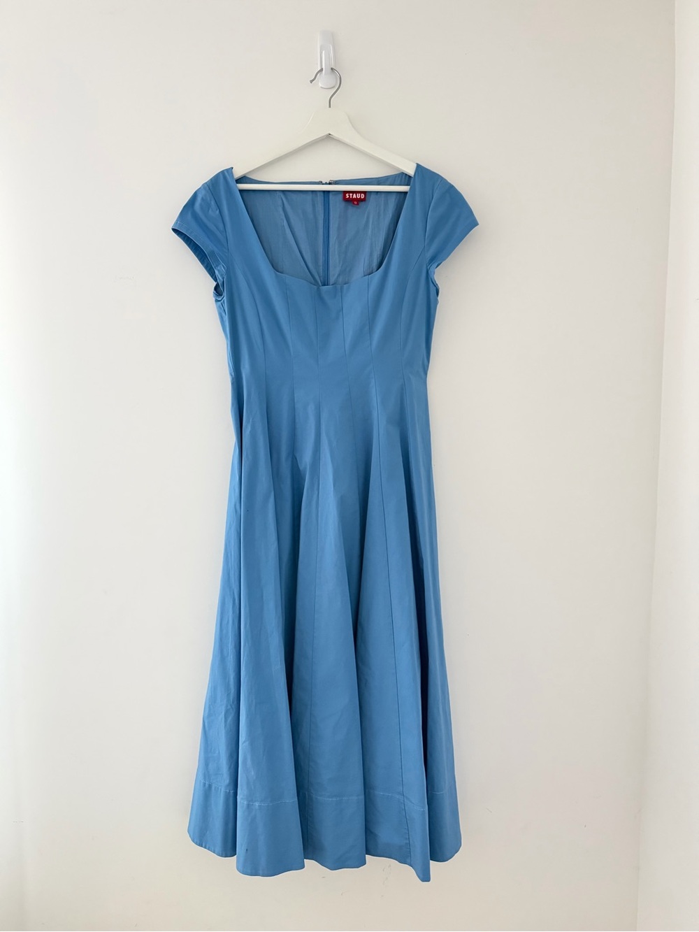 STAUD Blue Square Neck Fit & Flare Midi Dress